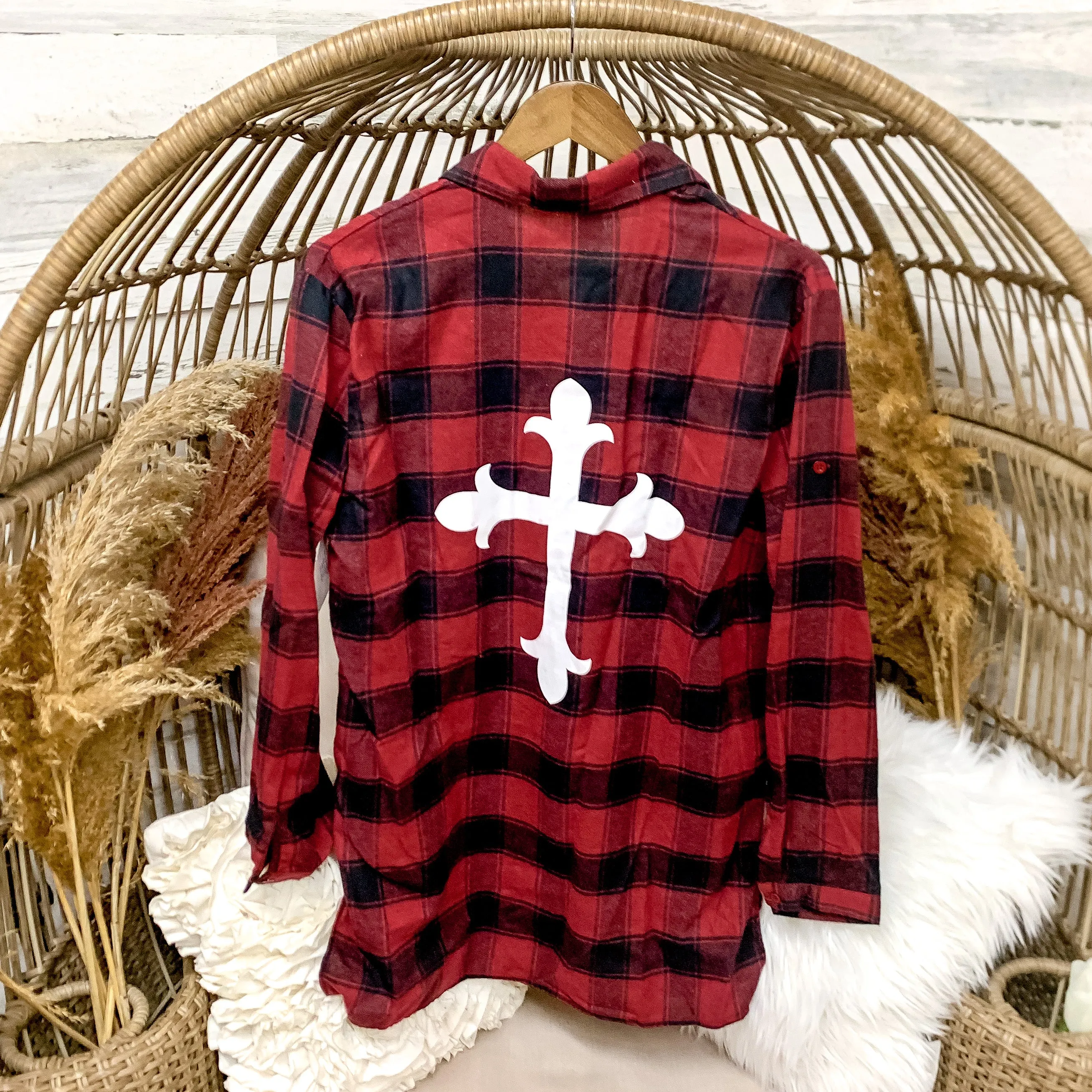 Last Chance Size S & M | Red and Black Button Up Flannel with White Cross Design