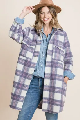 Long Plaid Shacket Coat - Ivory/Purple