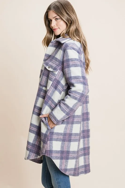 Long Plaid Shacket Coat - Ivory/Purple