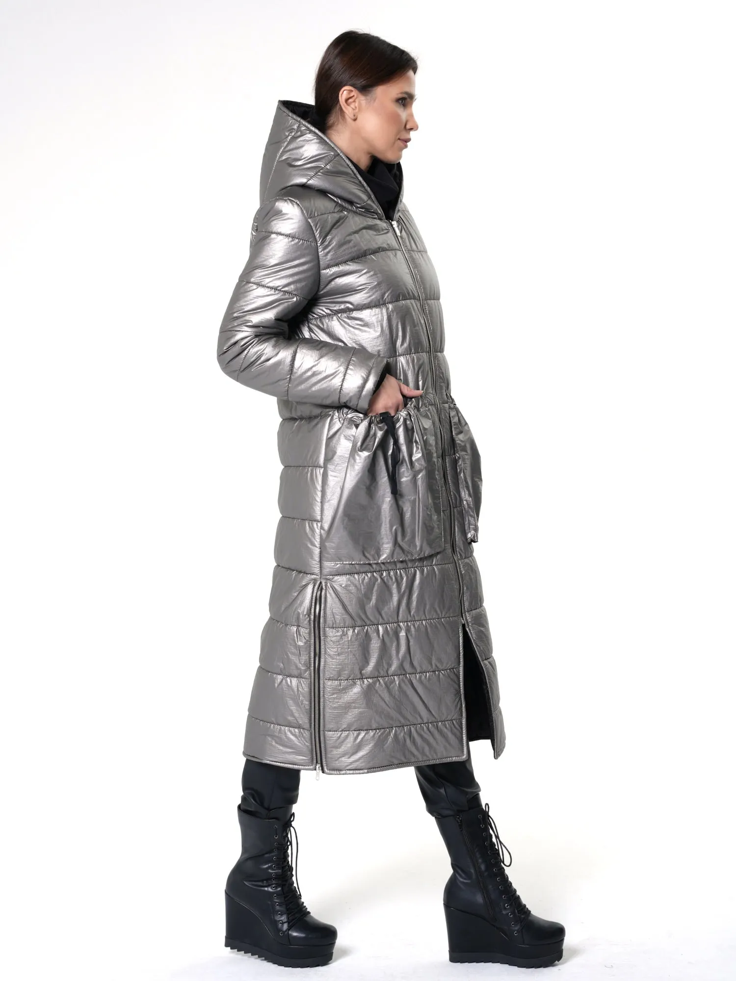 Long Silver Puffer Jacket With Oversize Pockets