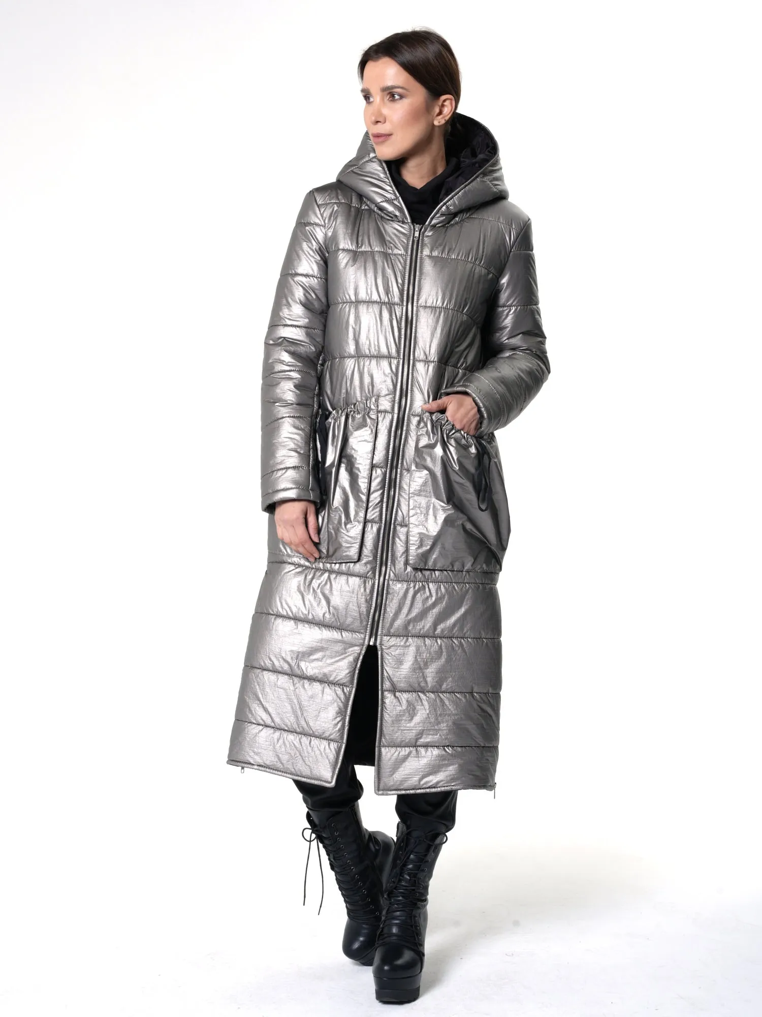 Long Silver Puffer Jacket With Oversize Pockets