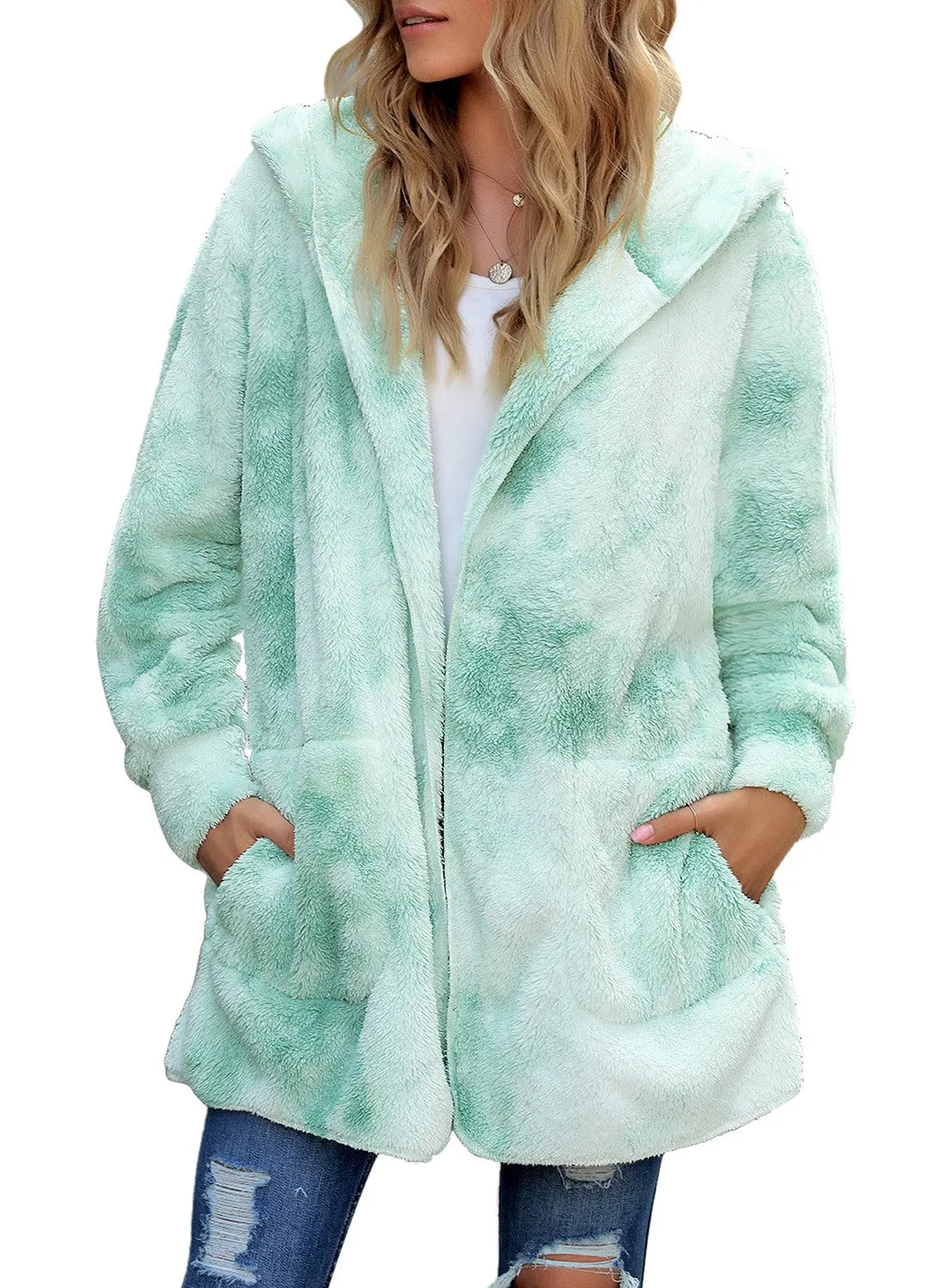 luvamia Women Fuzzy Fleece Open Front Pocket Hooded Cardigan Jacket Coat Outwear