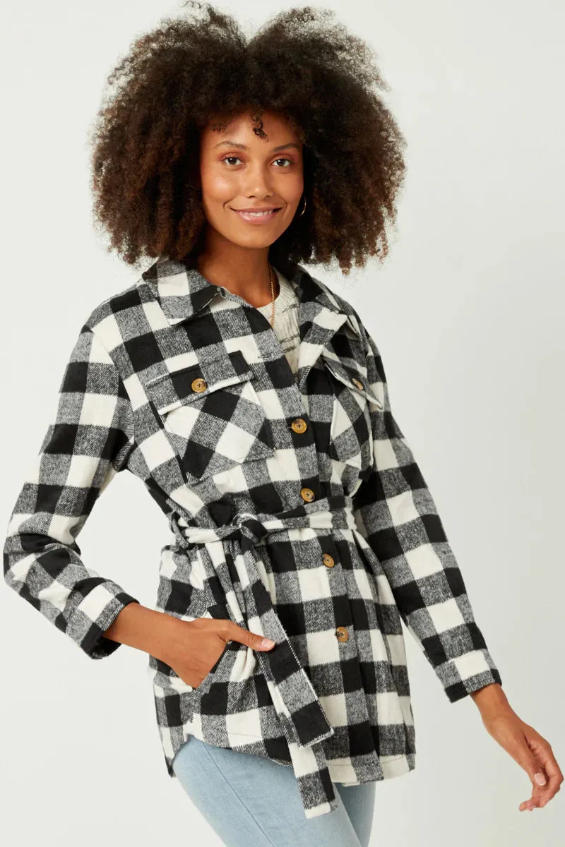 Maylee Misses Black Check Belted Long Shacket S-L