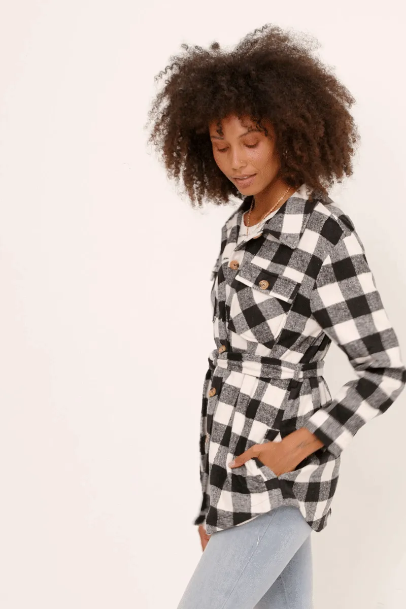 Maylee Misses Black Check Belted Long Shacket S-L