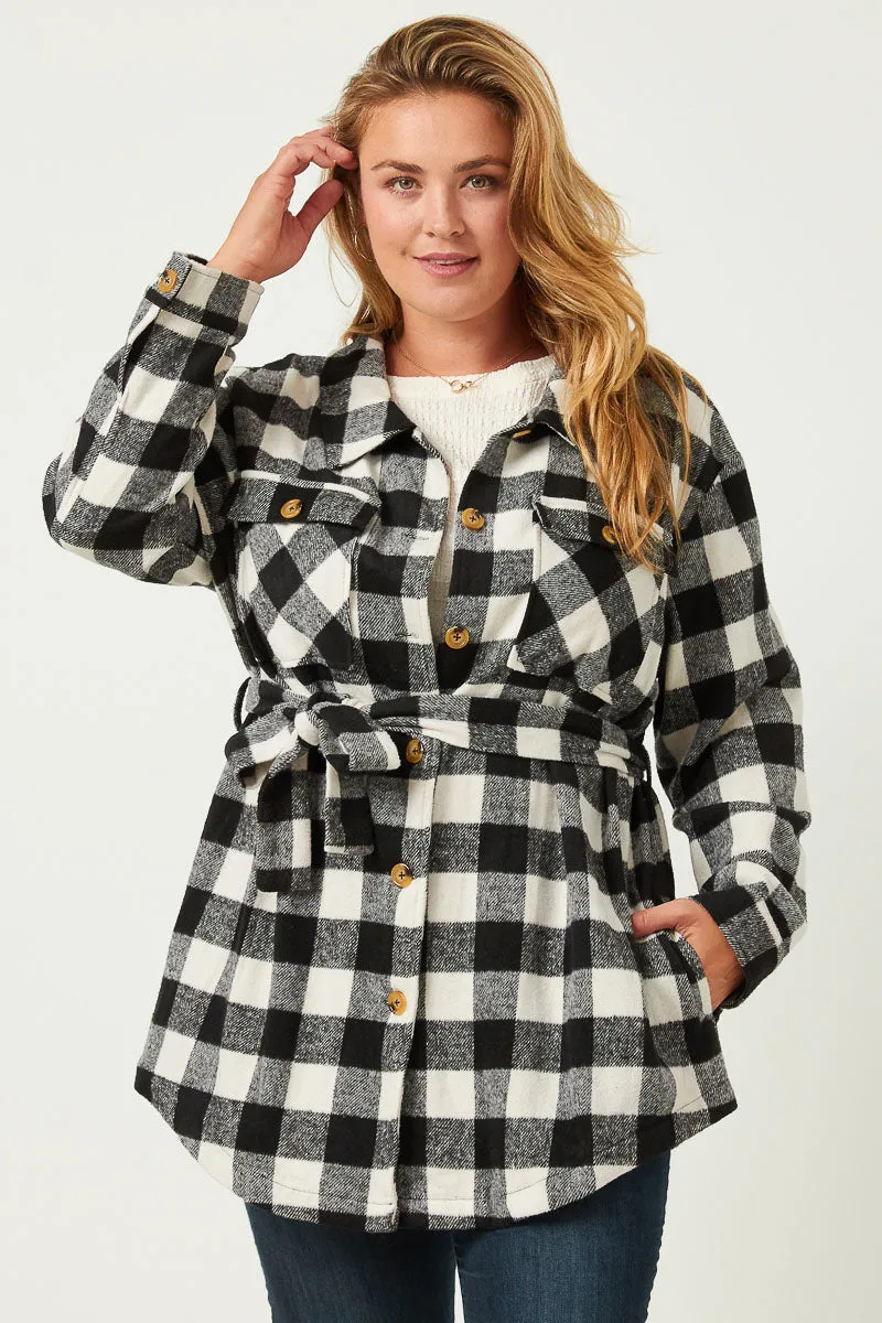 Maylee Plus Black Check Belted Long Shacket 1X-3X