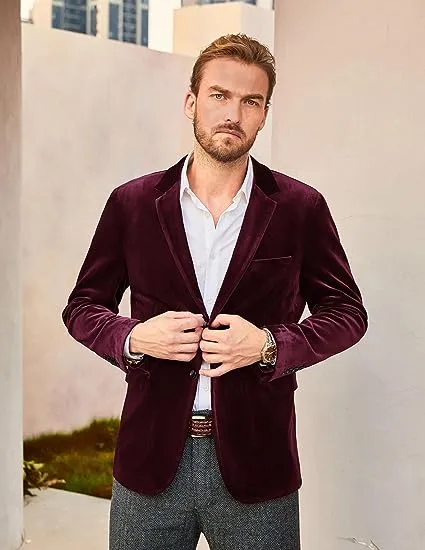 Men Velvet Party Blazer Stylish Notch Lapel Two Buttons Blazer Casual Coat