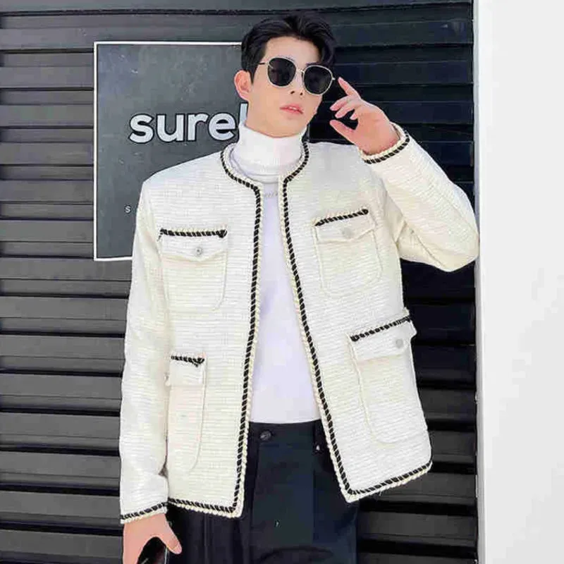 Men's Tweeds Jackets Korean Fashion Multi-pocket Contrast Color Male Short Coats Personality Spring Trend 9Y9911