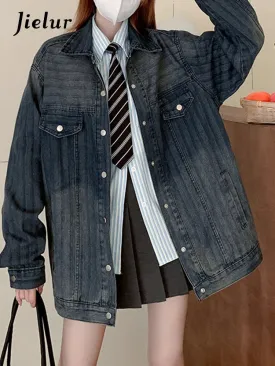 Metaversmall Autumn Women Vintage Striped Denim Coat Lapel Single Breasted Long Sleeve Loose Jacket Streetwear Gradient Women Top S-XL