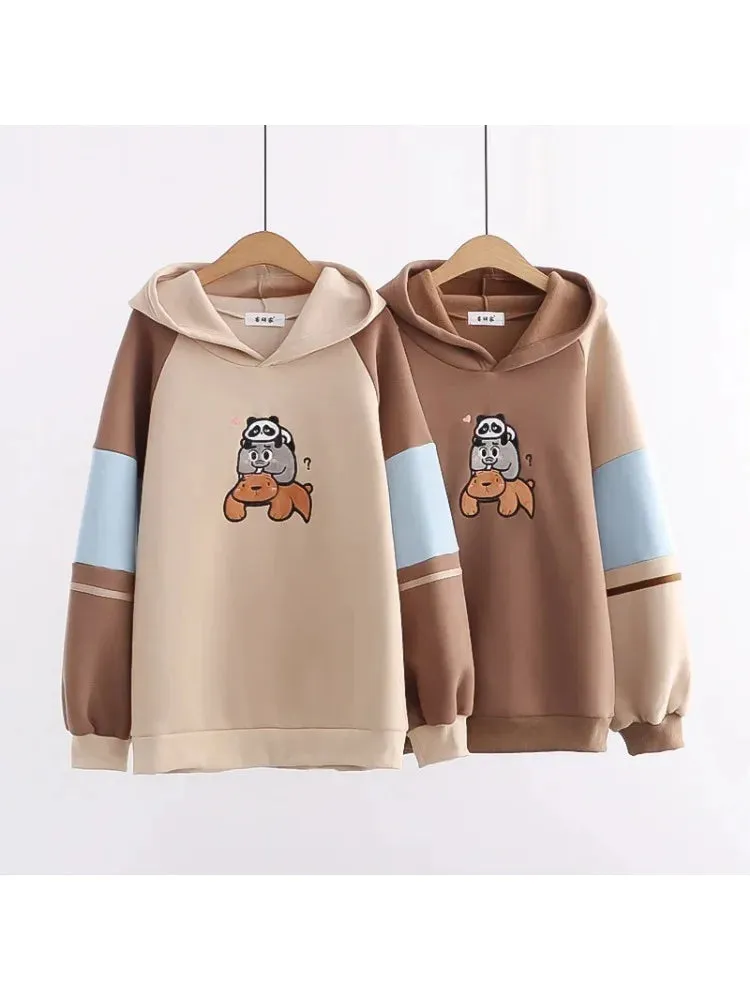 Metaversmall Cartoon Animal Embroider Harajuku Fleece Women Hoodies Winter Thick Drawstring Patchwork Hooded Sweatshirt Female Tops