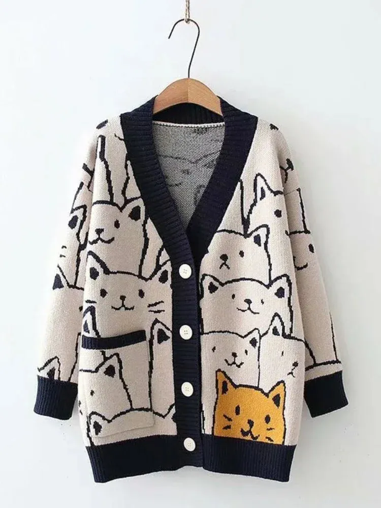 Metaversmall Cartoon Cat knitted cardigans Jumper Autumn Winter Womens Harajuku Sweater coat O-Neck Long Sleeve cardigan