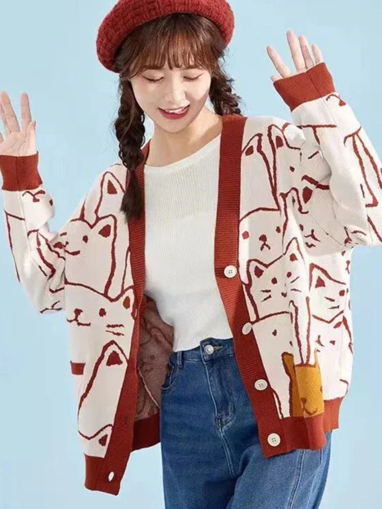 Metaversmall Cartoon Cat knitted cardigans Jumper Autumn Winter Womens Harajuku Sweater coat O-Neck Long Sleeve cardigan