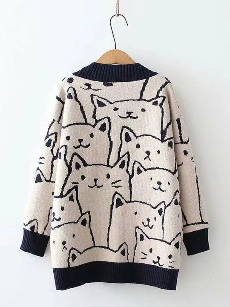 Metaversmall Cartoon Cat knitted cardigans Jumper Autumn Winter Womens Harajuku Sweater coat O-Neck Long Sleeve cardigan