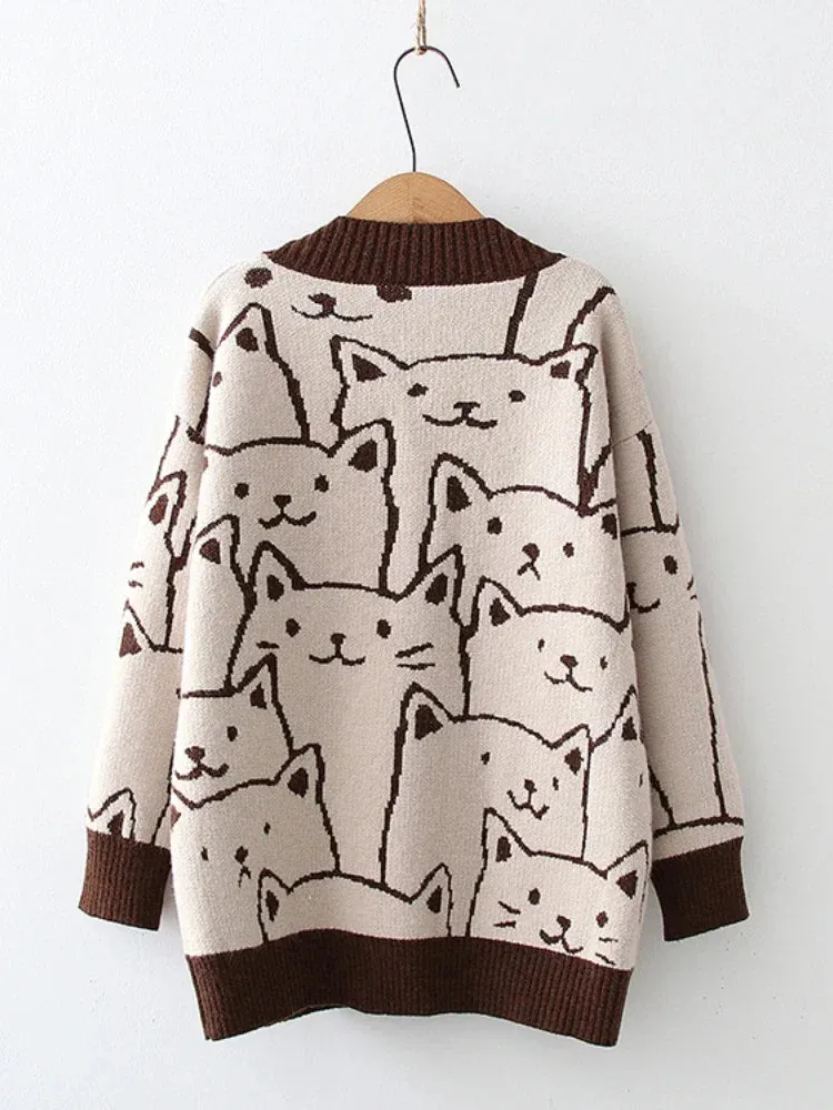 Metaversmall Cartoon Cat knitted cardigans Jumper Autumn Winter Womens Harajuku Sweater coat O-Neck Long Sleeve cardigan