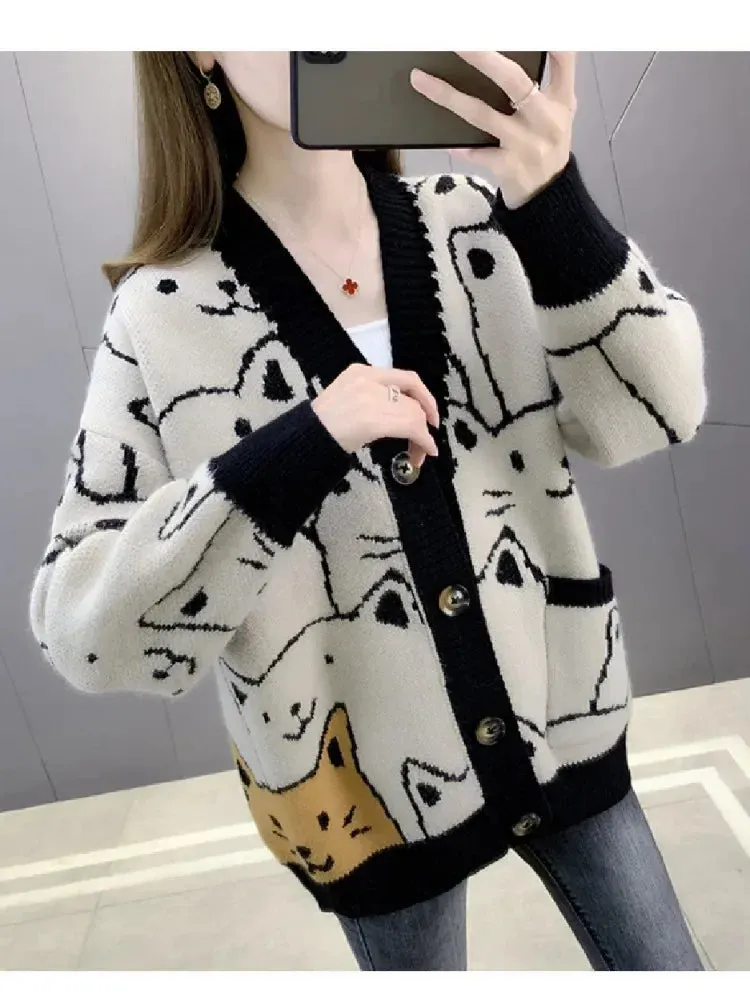 Metaversmall Cartoon Cat knitted cardigans Jumper Autumn Winter Womens Harajuku Sweater coat O-Neck Long Sleeve cardigan