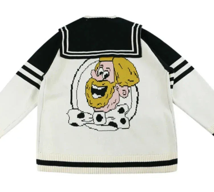 Metaversmall Cartoon Embroidery Sailor Collar Knitted Sweaters Winter Thick Warm Harajuku Jacquard Sweater Knit Pullover