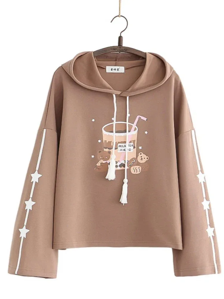 Metaversmall Cartoon Print Casual Hoodies Cotton Sweatshirt Women Summer Sweet Style Female Long Sleeve Basic Hooded Pullover Top