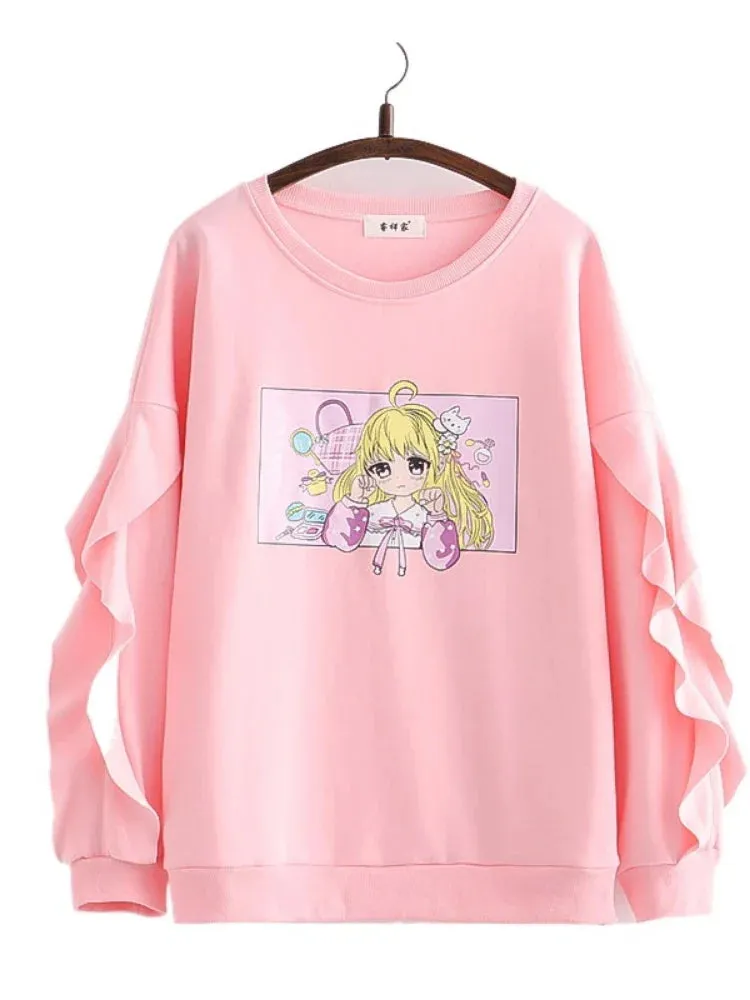 Metaversmall Cartoon Print Harakuju Women Sweatshirts Winter Long Sleeve Ruffes Patchwork Pullovers Sweet Style Female Kawaii Cute Tops