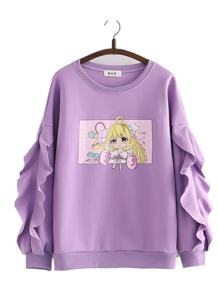 Metaversmall Cartoon Print Harakuju Women Sweatshirts Winter Long Sleeve Ruffes Patchwork Pullovers Sweet Style Female Kawaii Cute Tops