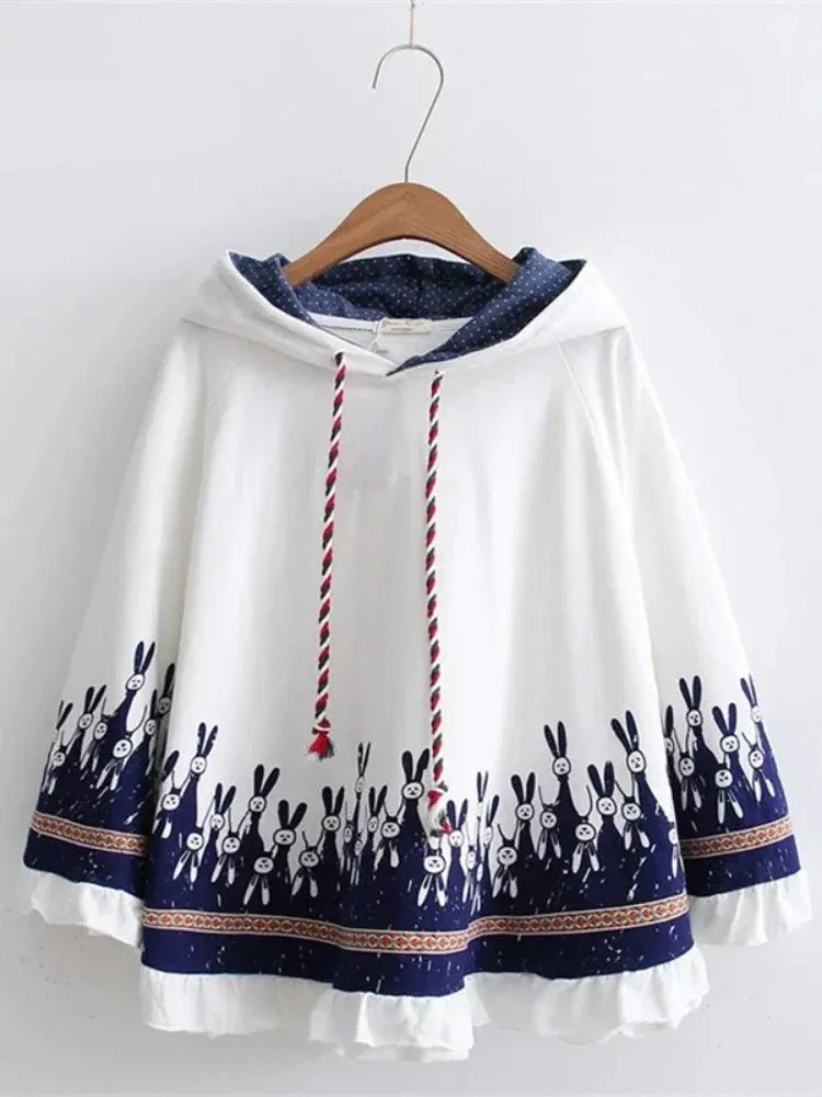 Metaversmall Cloak Outerwear Women Autumn Rabbit Print Ear Stereo Hoodies Coat Cotton Pullover Poncho Jacket  Hooded