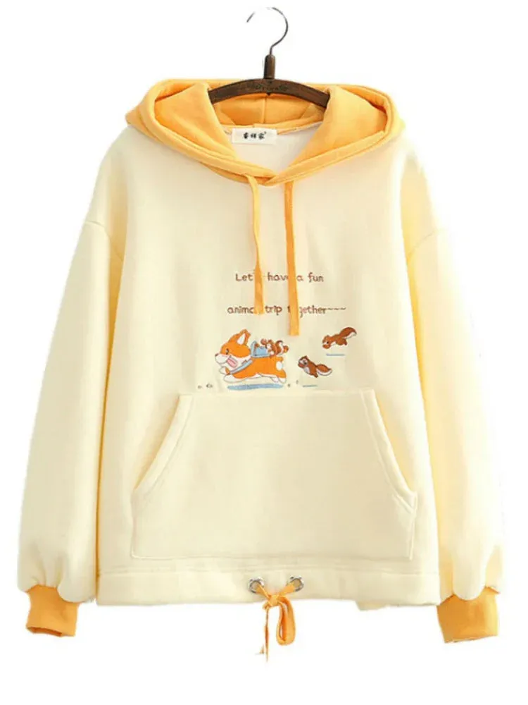 Metaversmall Fleece Hooded Sweatshirt Winter Cartoon Dog Embroidery Hoodies Women Casual Long Sleeve Pullover Loose Tracksuit Female