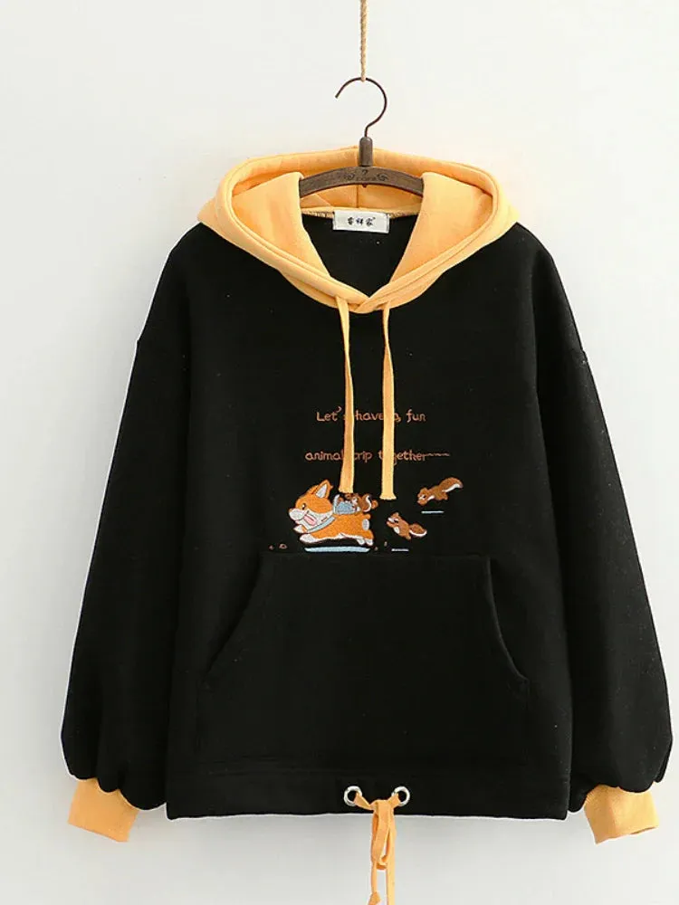 Metaversmall Fleece Hooded Sweatshirt Winter Cartoon Dog Embroidery Hoodies Women Casual Long Sleeve Pullover Loose Tracksuit Female