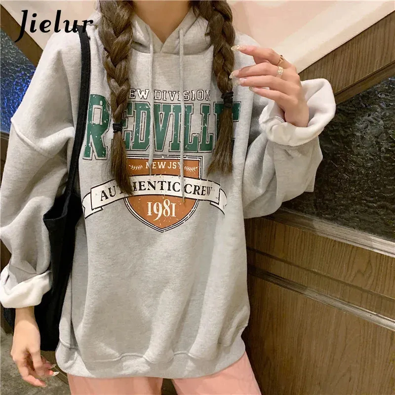 Metaversmall Korean Fashion Hoodies for Women Hooded Warm Fleece Gray White Sweatshirt Female Winter Loose Leisure M-XL Size Print Top