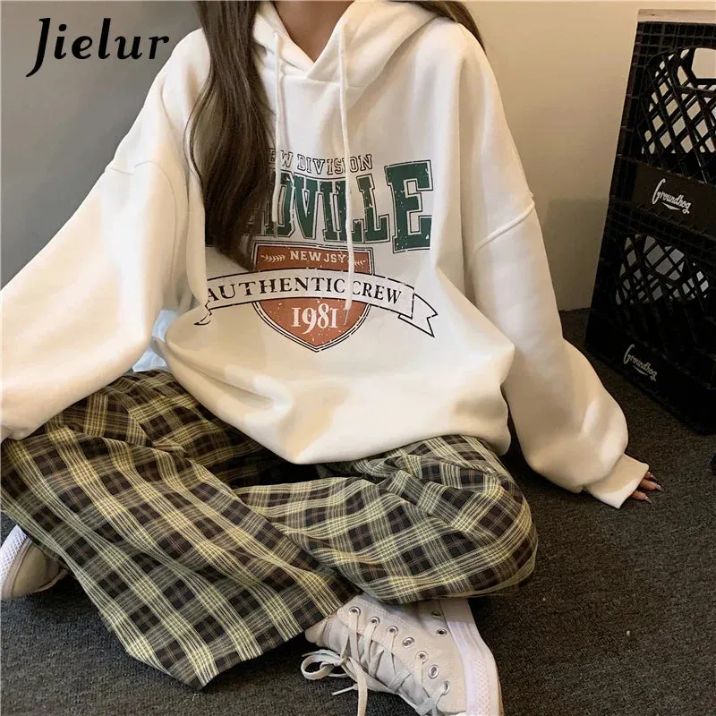 Metaversmall Korean Fashion Hoodies for Women Hooded Warm Fleece Gray White Sweatshirt Female Winter Loose Leisure M-XL Size Print Top