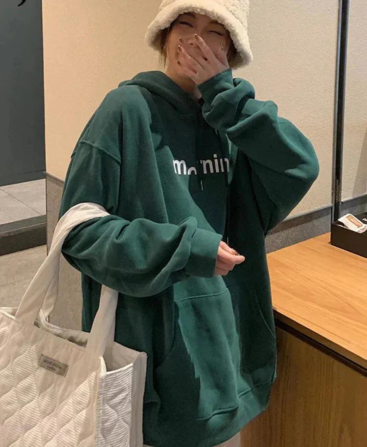 Metaversmall Navy Blue Green Hooded Pullover Autumn Letter Female Sweatshirt Women's Hoodies Loose Casual Harajuku Top Thin Coat M-XL