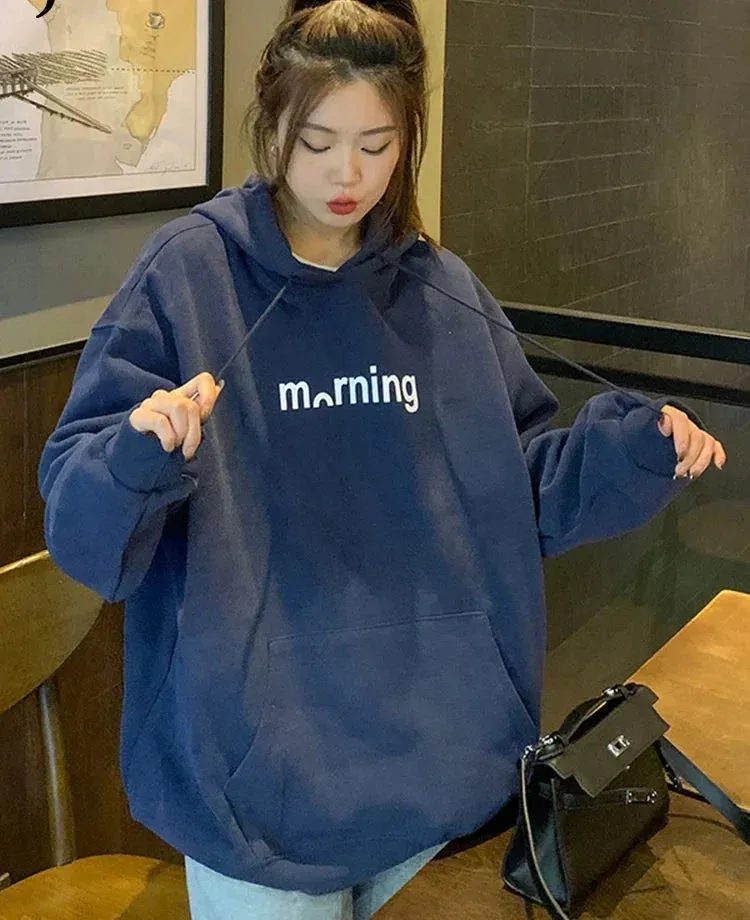 Metaversmall Navy Blue Green Hooded Pullover Autumn Letter Female Sweatshirt Women's Hoodies Loose Casual Harajuku Top Thin Coat M-XL