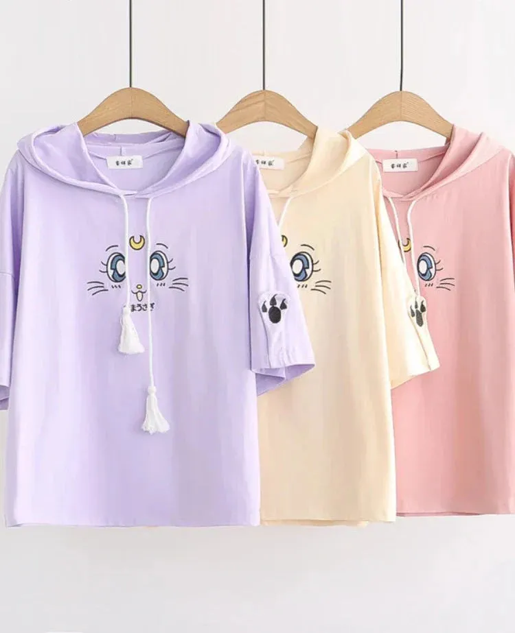 Metaversmall Purple Cartoon Embroidery Kawaii Hoodies Cotton Hooded Sweatshirt Women Summer Sweet Style Korean Female Short Sleeve Tops