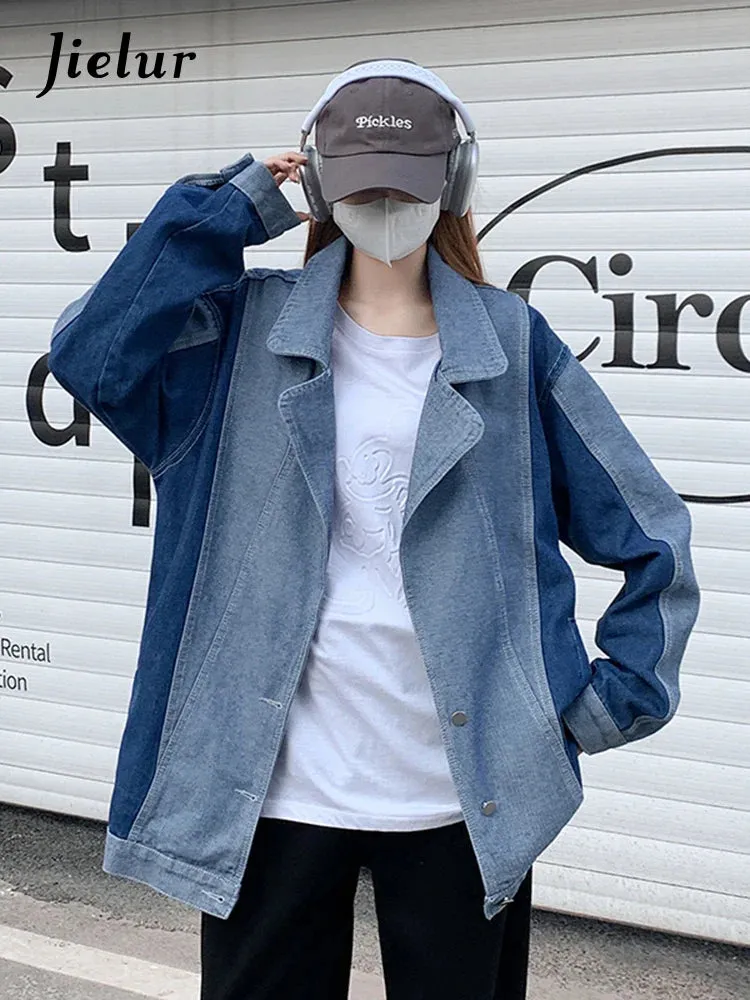 Metaversmall Suit Collar Denim Coat Women Autumn Winter Korean New Fashion Loose Casual Spell Color Blue Denim Jacket Female S-XL