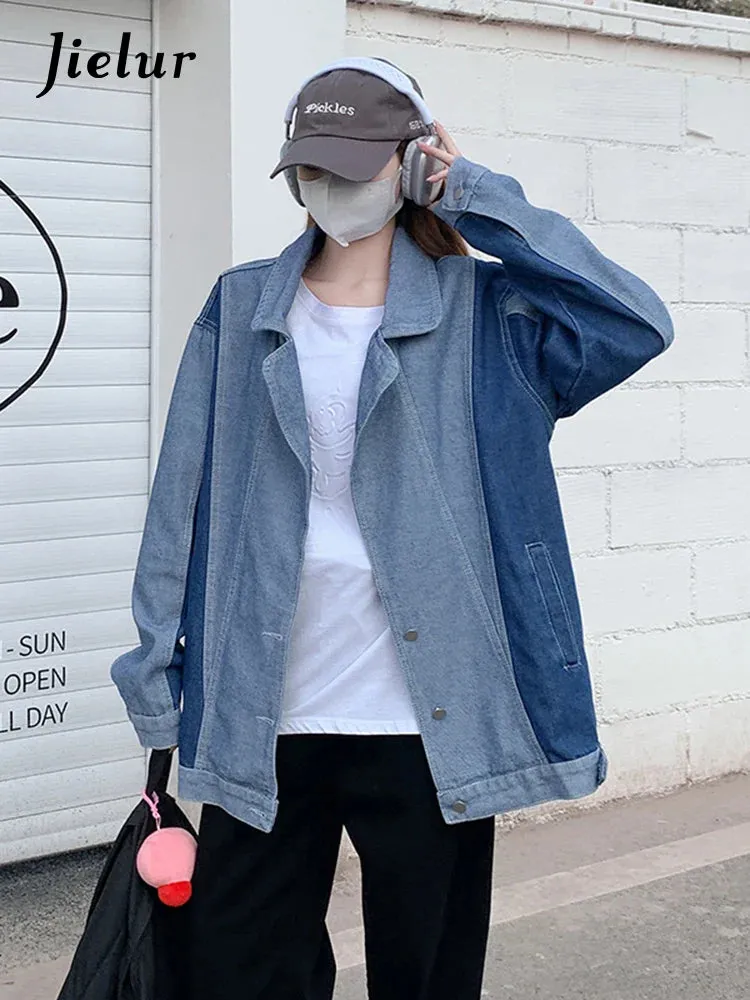 Metaversmall Suit Collar Denim Coat Women Autumn Winter Korean New Fashion Loose Casual Spell Color Blue Denim Jacket Female S-XL