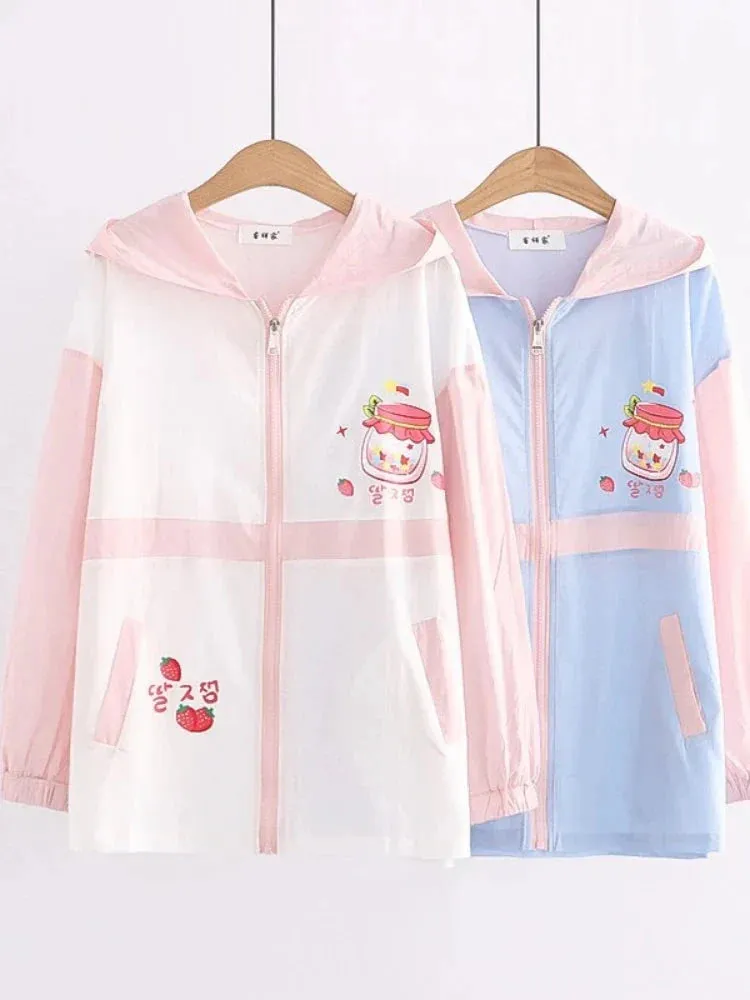 Metaversmall Summer Women Thin Zipper Hooded Jackets Strawberry Print Long Sleeve Harakuju Jacket Sweet Style Female Kawaii Cute Coat