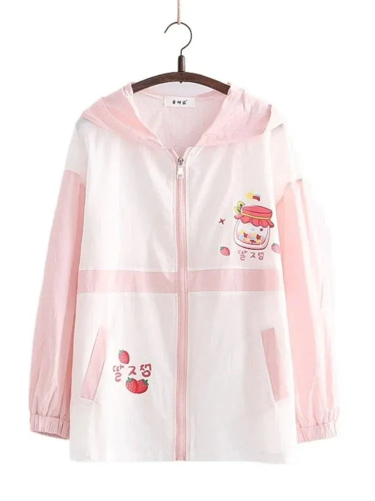 Metaversmall Summer Women Thin Zipper Hooded Jackets Strawberry Print Long Sleeve Harakuju Jacket Sweet Style Female Kawaii Cute Coat