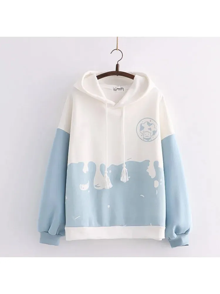 Metaversmall Winter Fleece Women Hoodies Cartoon Print Kawaii Cute Hoody Sweatshirts Japan Style Sweet Ladies Drawstring Pullover Tops