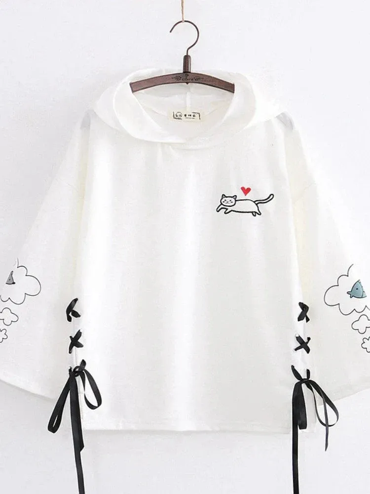 Metaversmall Women Black Cartoon Cat Embroidery Hooded Sweatshirt Lace Up Korean Hoodies Summer Harakuju Casual Cute