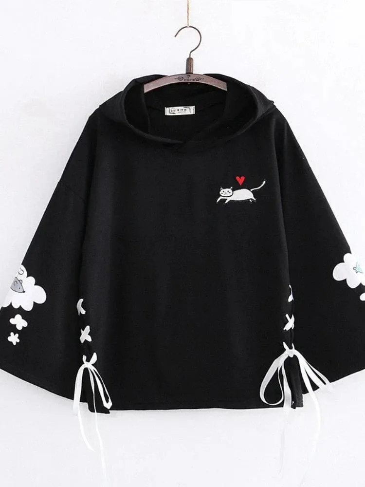 Metaversmall Women Black Cartoon Cat Embroidery Hooded Sweatshirt Lace Up Korean Hoodies Summer Harakuju Casual Cute