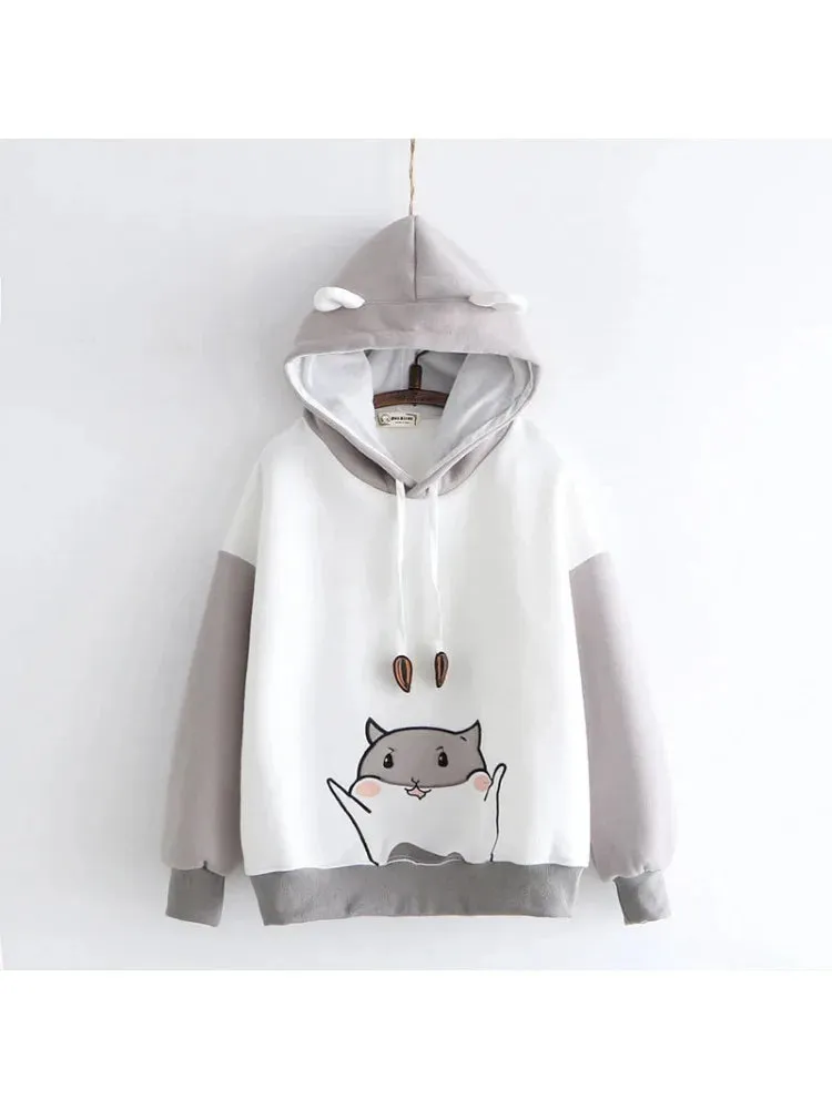 Metaversmall Women Cartoon Print With Ears On Hood Hoodies Sweatshirts 2020 Winter Long Sleeve Hooded Tracksuit Loose Pullovers