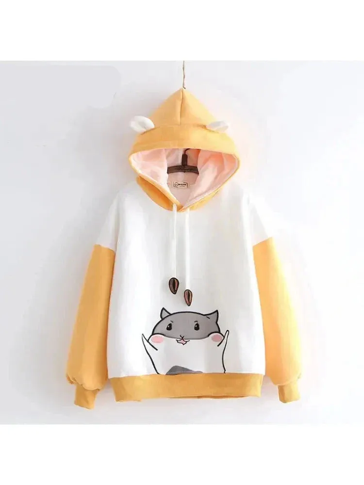 Metaversmall Women Cartoon Print With Ears On Hood Hoodies Sweatshirts 2020 Winter Long Sleeve Hooded Tracksuit Loose Pullovers