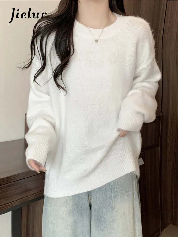 Metaversmall Women Sweater Autumn Winter Knitted Pullovers O-Neck Casual Loose Solid Color White Knitwear Jumpers Warm Sweaters Women