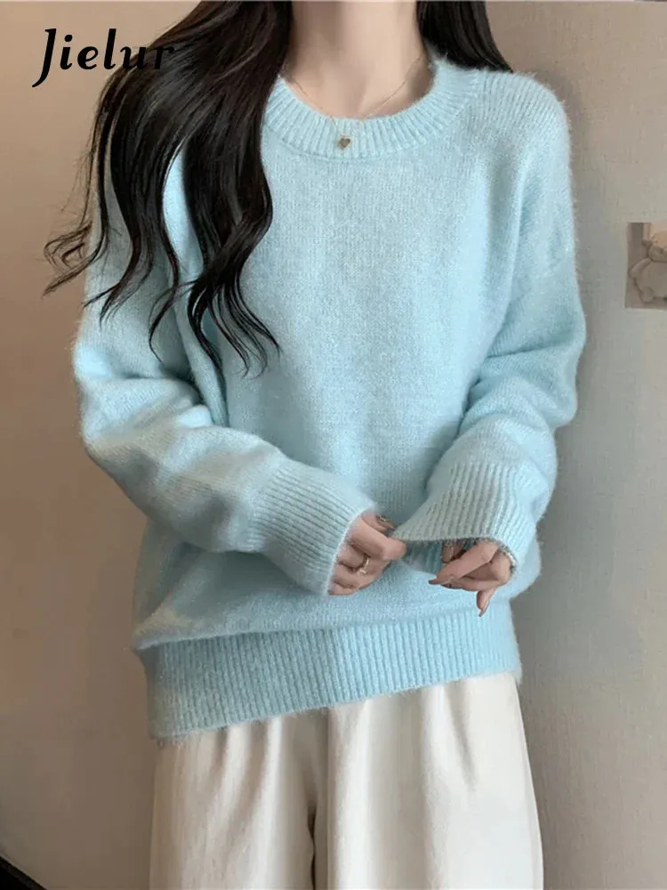 Metaversmall Women Sweater Autumn Winter Knitted Pullovers O-Neck Casual Loose Solid Color White Knitwear Jumpers Warm Sweaters Women