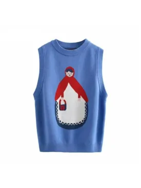 Metaversmall Women's Cartoon Embroidery Knitted Sweaters Blue Sleeveless Vest Winter Warm O-Neck Female Jumpers Pullovers