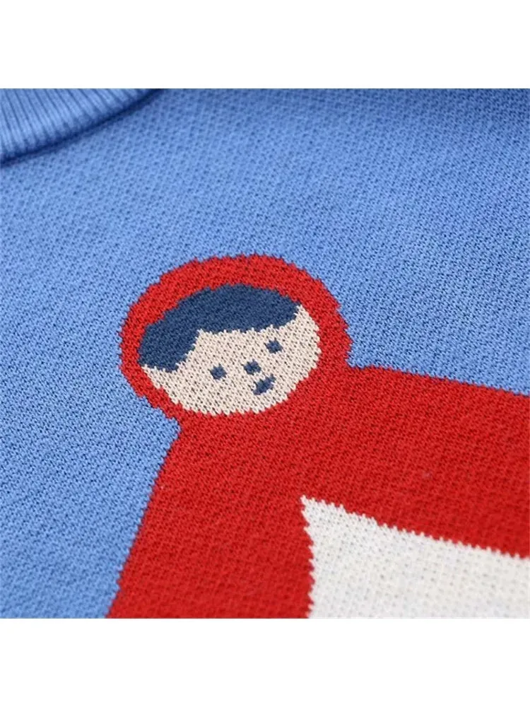 Metaversmall Women's Cartoon Embroidery Knitted Sweaters Blue Sleeveless Vest Winter Warm O-Neck Female Jumpers Pullovers