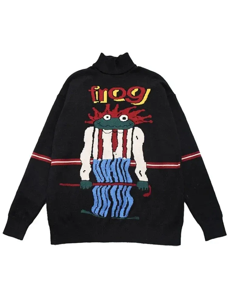 Metaversmall Women's Cartoon Forg Embroidery Knitted Sweaters 2023 Winter Thick Warm Vintage Jacquard Sweater Knit Pullovers