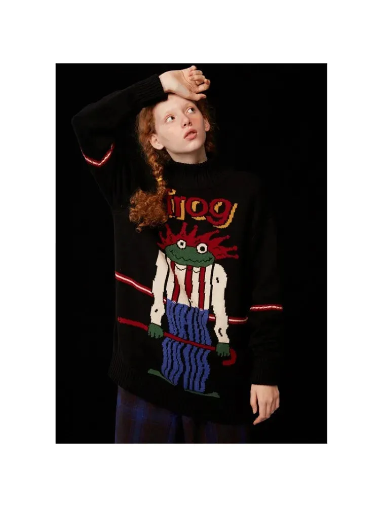 Metaversmall Women's Cartoon Forg Embroidery Knitted Sweaters 2023 Winter Thick Warm Vintage Jacquard Sweater Knit Pullovers