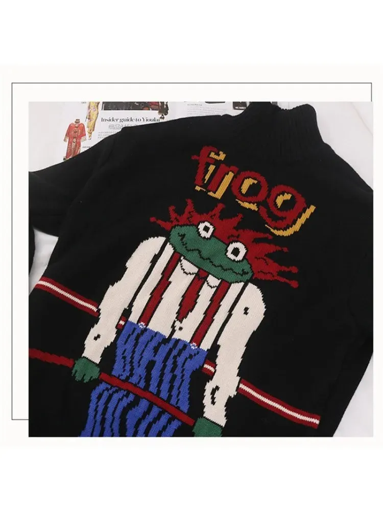 Metaversmall Women's Cartoon Forg Embroidery Knitted Sweaters 2023 Winter Thick Warm Vintage Jacquard Sweater Knit Pullovers