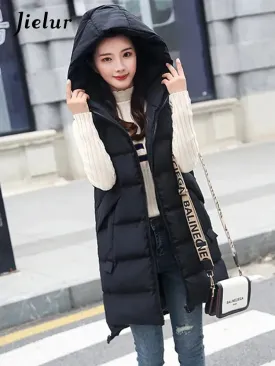 Metaversmall Women's Vest Jacket Down Cotton Vest Winter Jacket Hooded Long Coat Sleeveless Loose Female Waistcoat Snow Wear