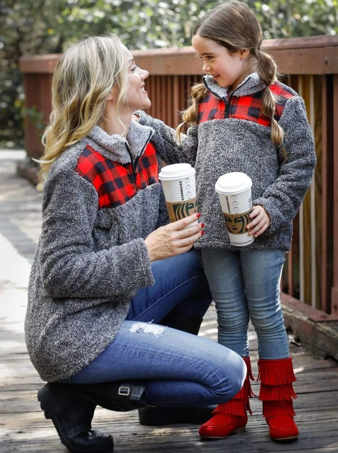 Mommy and Me Fleece Plaid Pullover Sweater