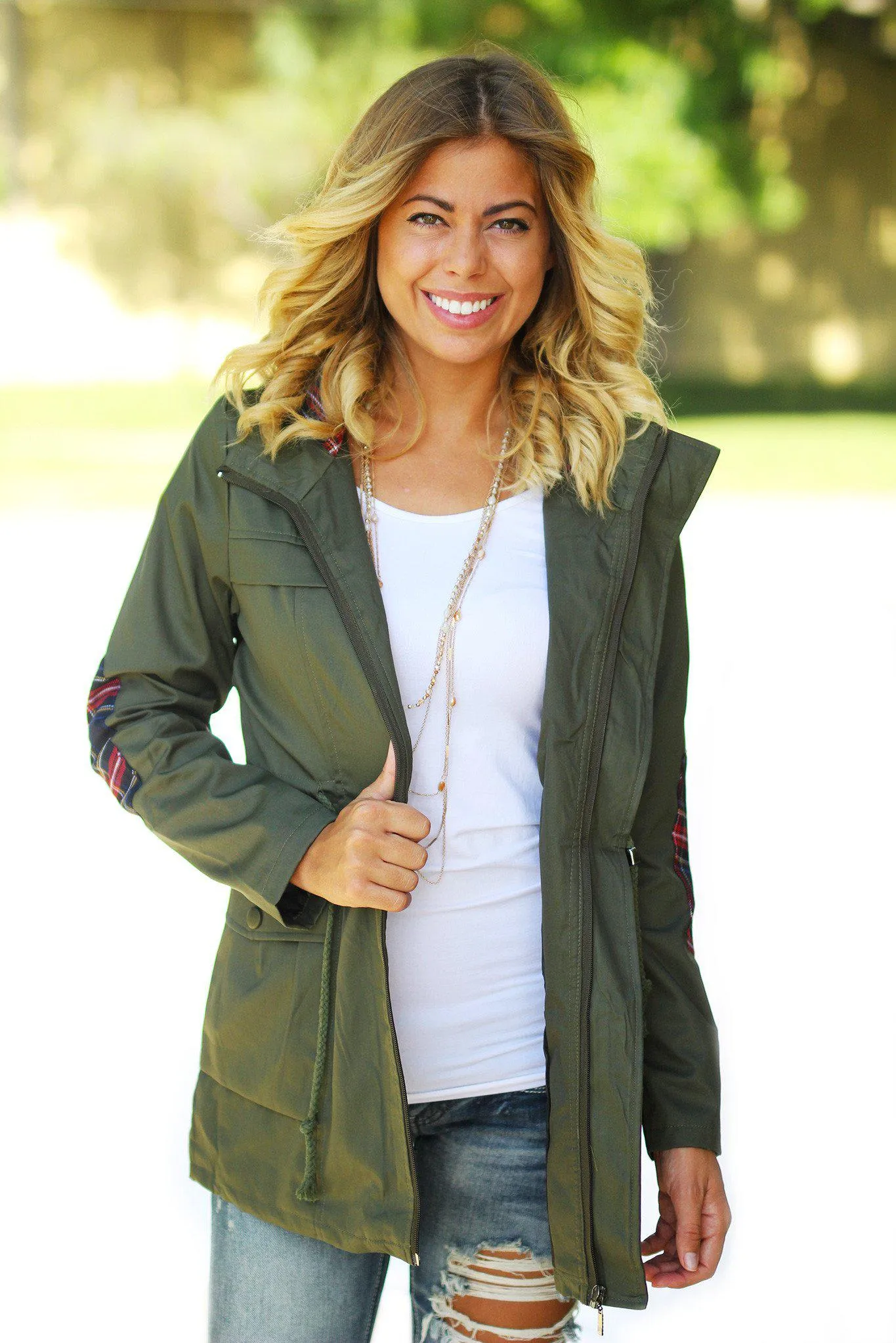 Olive and Plaid Jacket with Hood