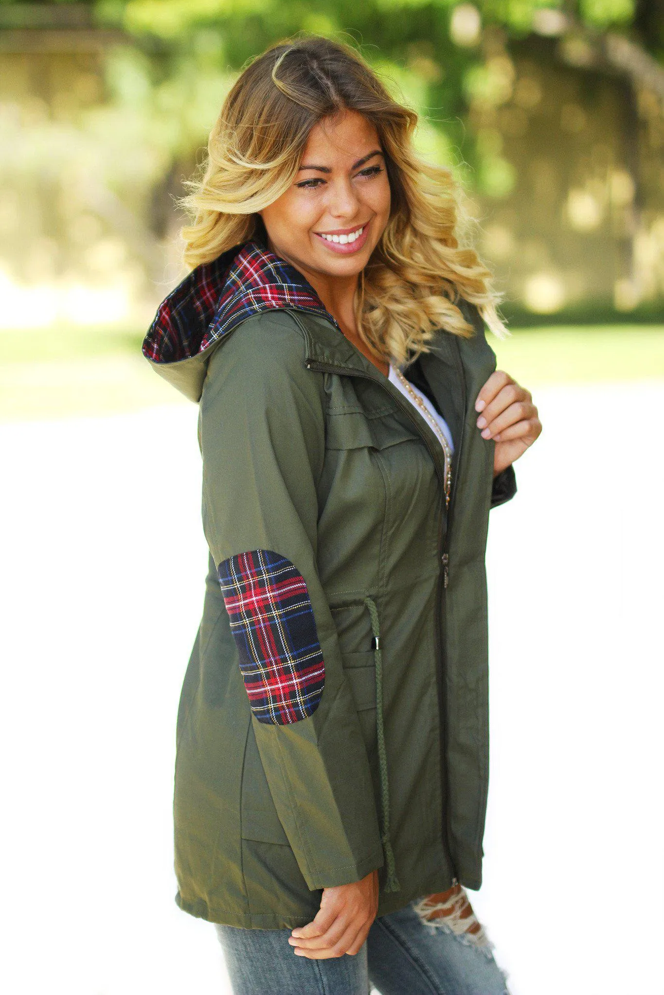 Olive and Plaid Jacket with Hood